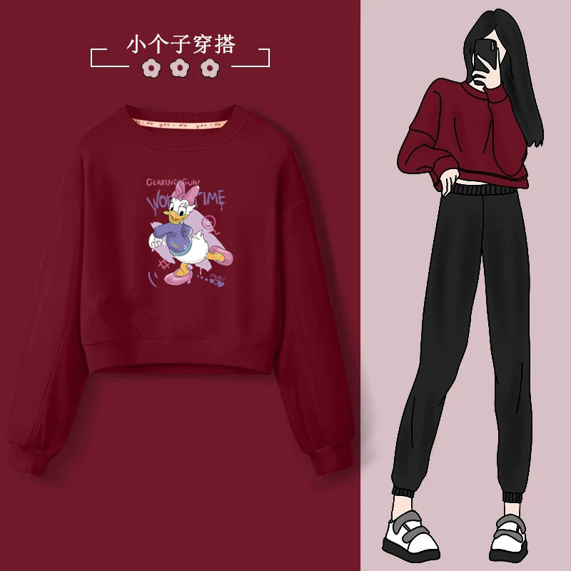 短款卫衣女长袖圆领宽松百搭韩版春秋棉质洋气上衣小个子显瘦t恤