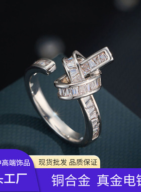 源头工厂轻奢高级感绳结开口戒指铜合金真金电镀镶锆可调节食指戒