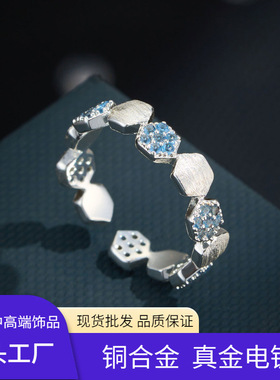 源头工厂小众设计几何六边形开口戒指铜合金拉丝镶锆可调节食指戒