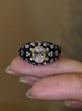 《黑暗法则》vintager中古黑金椭圆闪钻戒指女重工轻奢高级感指环