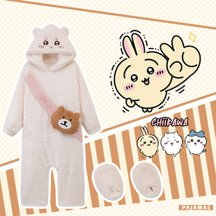 卡通连体睡衣秋冬季珊瑚绒可爱吉伊卡哇睡袍加厚大码家居服可外穿