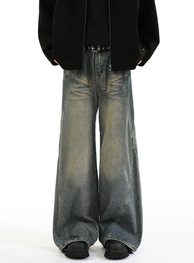 ZMOGEE美式加绒直筒牛仔裤男冬季潮牌复古水洗阔腿裤宽松休闲长裤