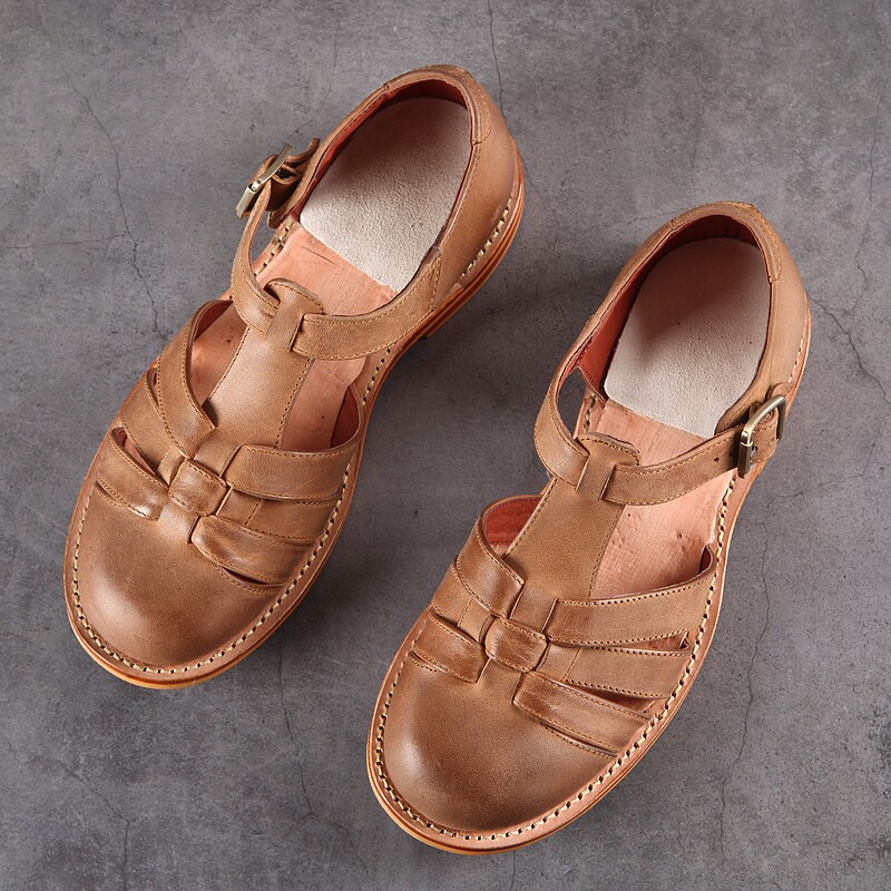 3516厂休闲三带皮凉鞋老三条夏季牛皮绑带凉皮鞋圆头编织罗马鞋男