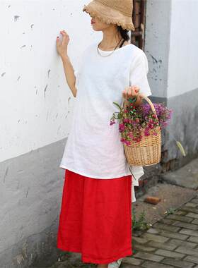  春夏清新文艺圆领白色燕尾亚麻女士上衣宽松棉麻T恤衬衫短袖