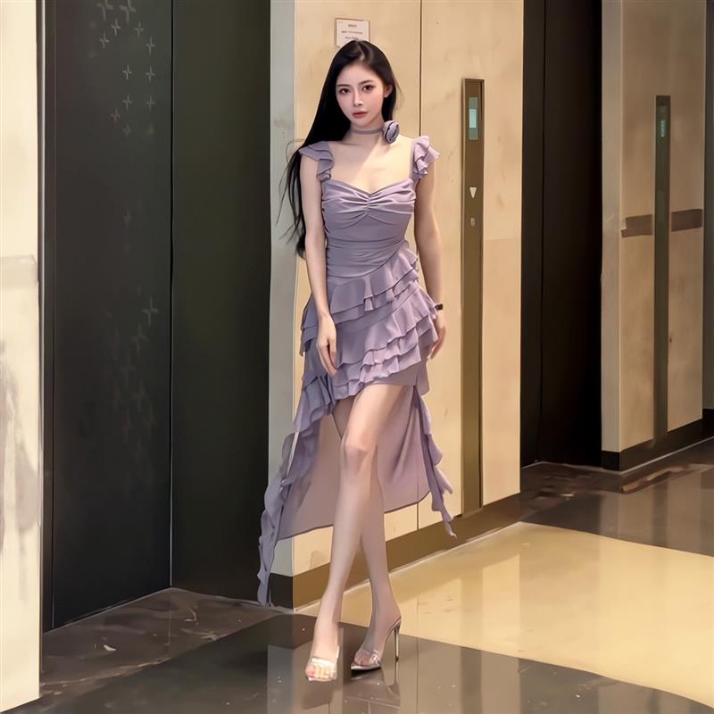 不规则荷叶边无袖吊带连衣裙女夏季紫色仙女裙收腰显瘦拖尾长裙子