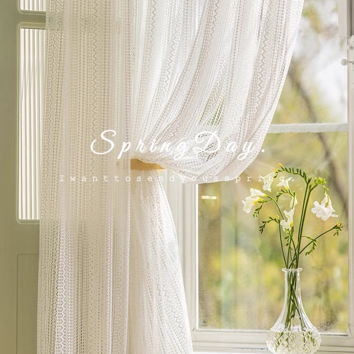 超仙韩式白色蕾丝窗纱窗帘法式公主奶油风白纱帘客厅卧室镂空编织