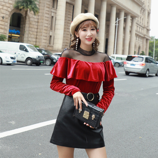 秋冬新款超仙气质韩版洋气小衫修身网纱荷叶边露肩百搭丝绒上衣潮