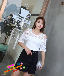 夏季新款女装韩版甜美一字领露肩小衫女修身显瘦蕾丝打底衫上衣潮