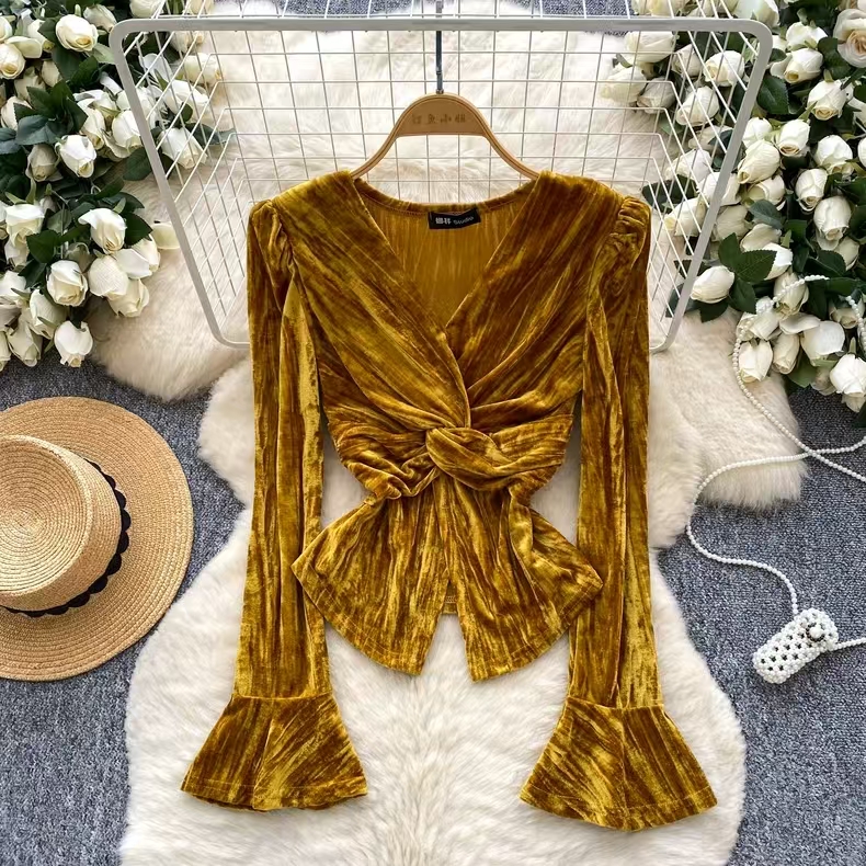 V领扭结喇叭袖T恤女法式秋冬