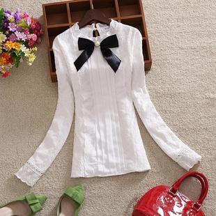 清仓不退换韩版蝴蝶结雪纺系带镂空蕾丝白色衬衫百搭打底衫上衣女