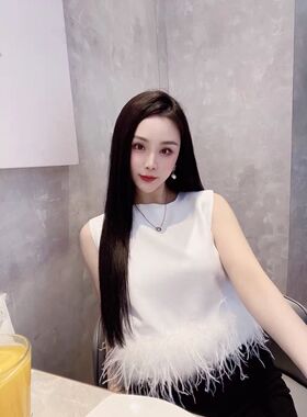 小香风重工流苏鸵鸟毛修身吊带背心外穿仙女夏名媛小众羽毛短上衣
