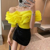 T恤女洋气短款 复古气质个性 立体花朵一字领露肩短袖 露脐辣妹上衣