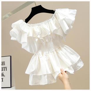 时尚褶皱甜美荷叶边拼接一字领收腰显瘦套头衬衫女洋气百搭上衣潮