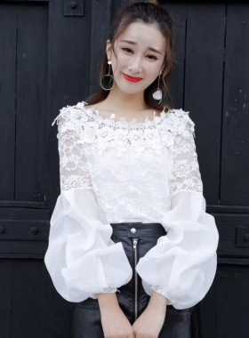 春秋冬女装新款一字肩泡泡袖打底蕾丝衫小心机超仙长袖上衣露肩潮