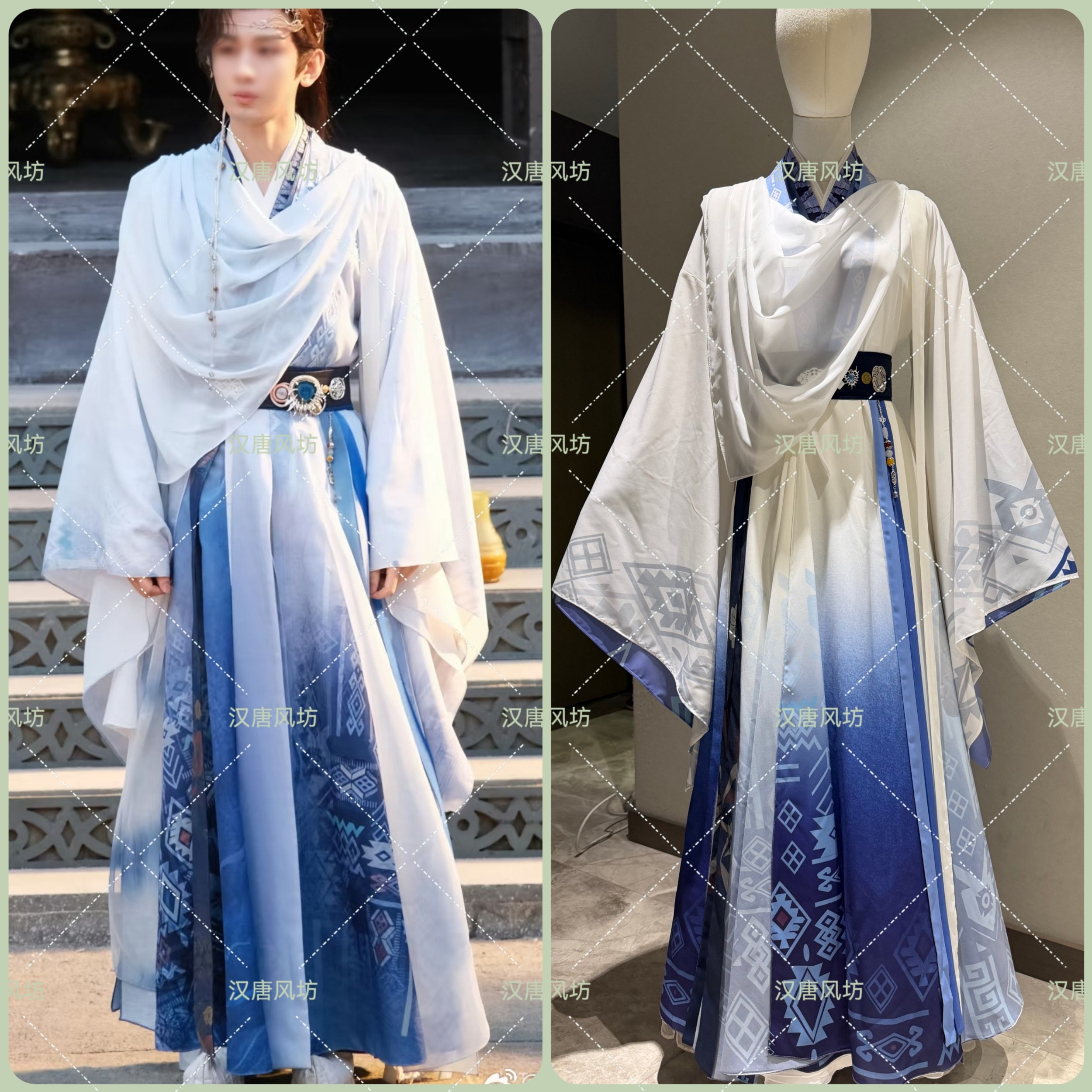 剑心天地狐妖红娘富贵王权蓝白西域芙芙古装影视剧男装演出服写真