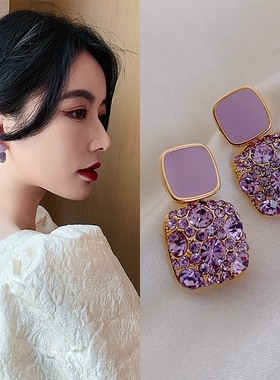 高级感紫色耳环方形女轻奢小众耳钉2025新款爆款独特气质耳坠耳饰