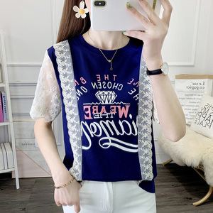 RM5938#夏装韩版纯棉t恤女短袖蕾丝拼接大码印花宽松体恤衫女