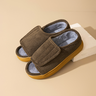 魔术贴脚宽胖老人妈妈鞋 加绒保暖防滑露趾棉拖鞋 女冬季 老北京棉鞋