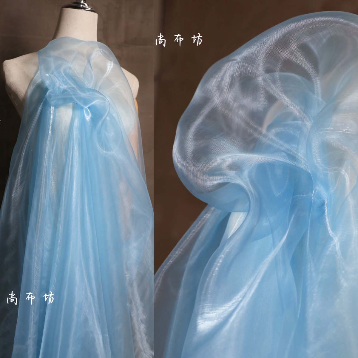 冰川蓝珠光玻璃纱 全透明汉服复古国风细腻柔软薄款欧根纱布面料