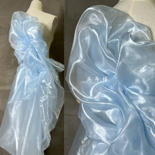 闪光欧根纱面料时装 蓝色加硬玻璃透明薄款 婚纱礼服庆典设计师布料