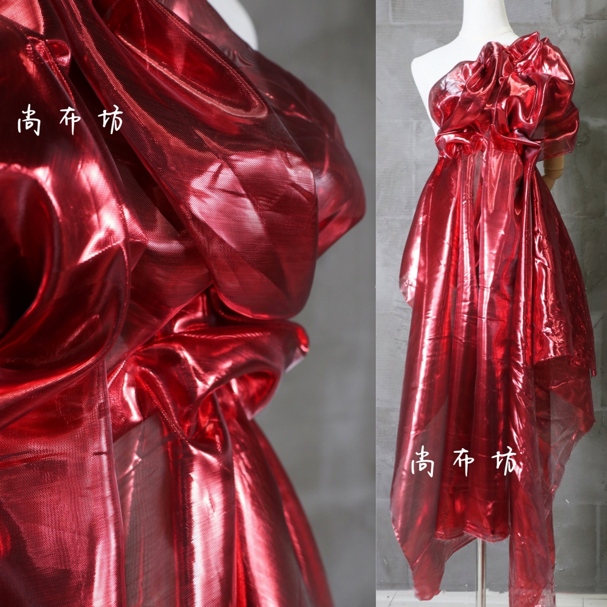 薄款红色镜面布 闪亮高反光欧美创意礼服舞台原创服装设计师面料