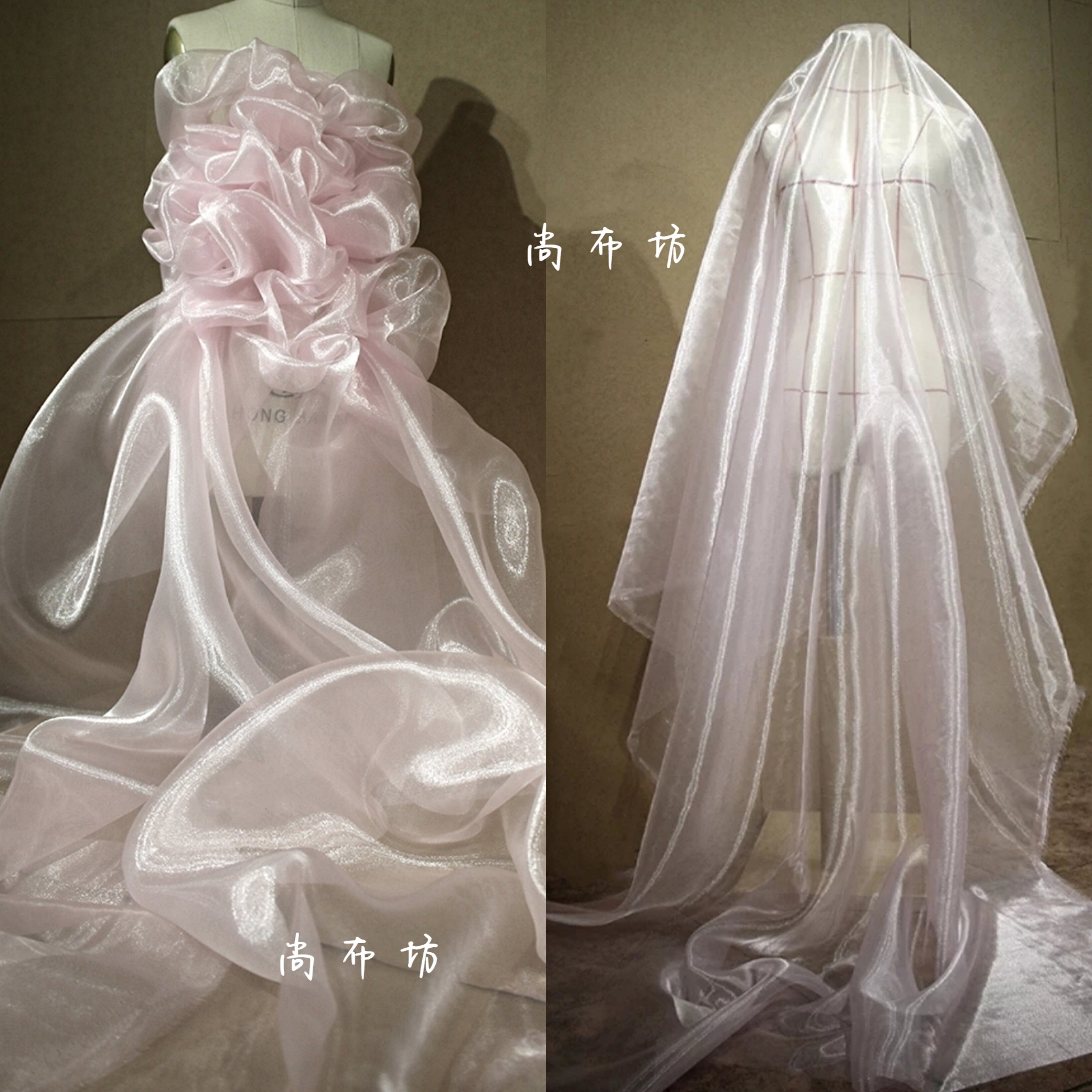 淡粉色水晶纱 闪光水光透明硬挺网纱设计师面料 汉服礼服化纤布料