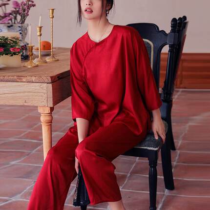 新中式国风红色睡衣女丝绸秀禾龙凤卦打底衫本命年结婚套装