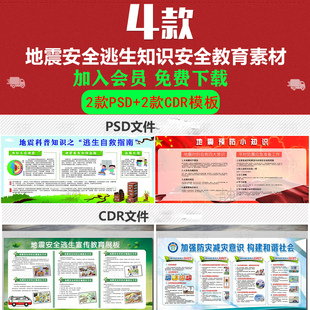 地震安全逃生宣传教育知识展板加强防灾减灾宣传栏CDR素材PSD模板