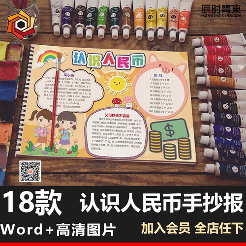 认识人民币手抄报模板数学天地人民币小知识电子小报涂色线稿word