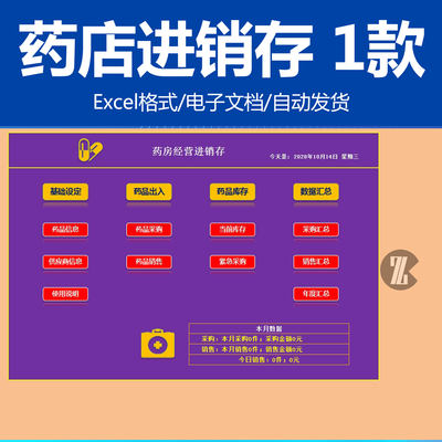 药房药店经营进销存系统EXCEL表模板素材出入库信息销量采购汇总