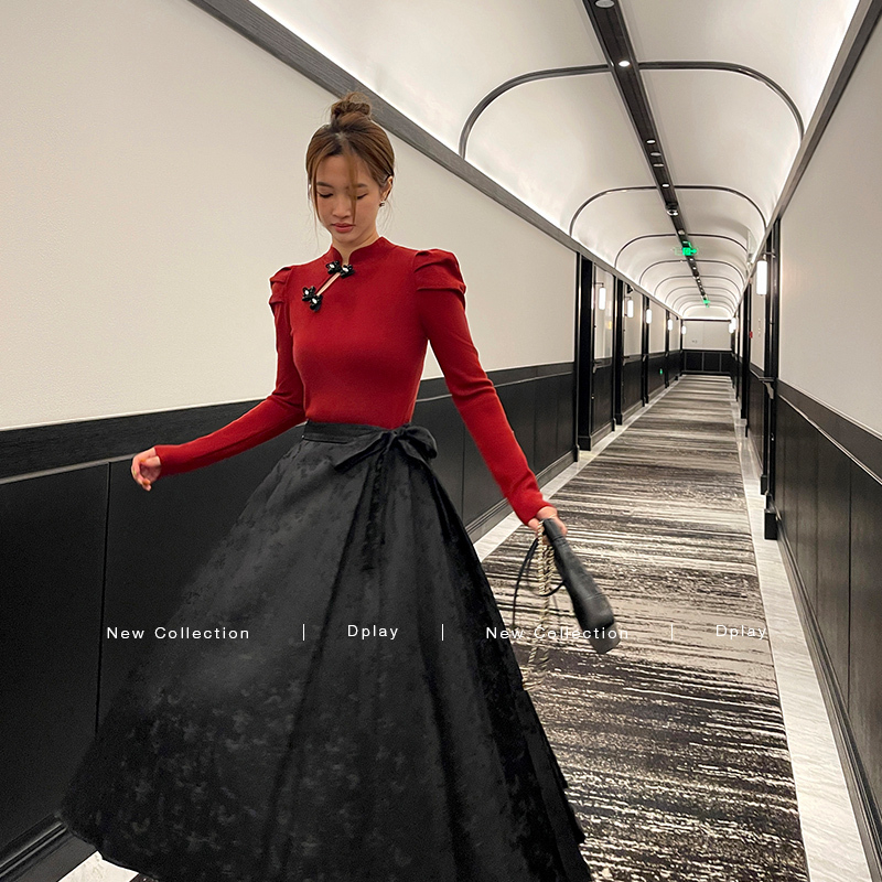 DPLAY2024新中式经典黑A摆系带蝴蝶结提花大摆马面裙汉服半裙