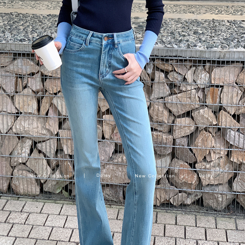 DPLAY2024冬季复古蓝微喇牛仔裤喇叭裤子高腰显瘦牛仔裤长裤女