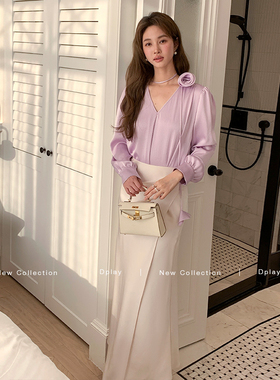 DPLAY法式紫色衬衫女2025年秋季新款气质时尚缎面衬衣雪纺衫上衣