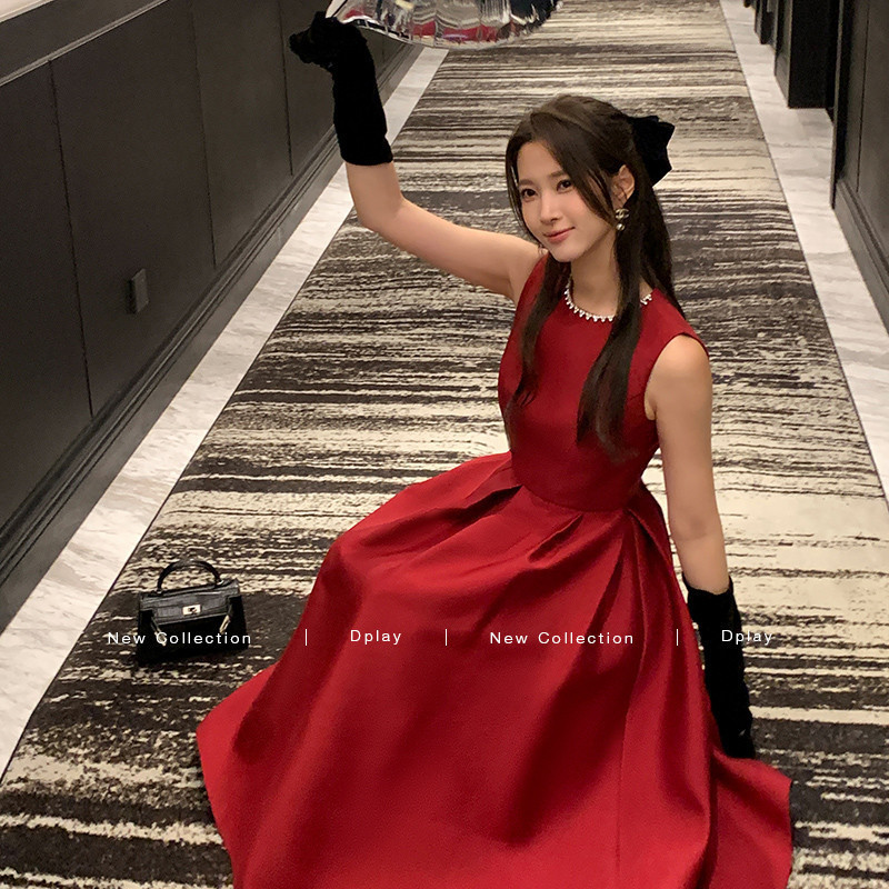 DPLAY【蜜恋衣橱系列】2025年冬季新款红色连衣裙女缎面礼服裙子