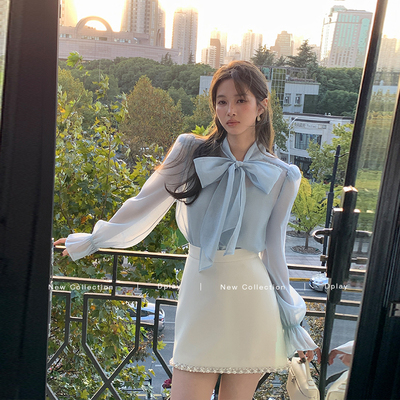 DPLAY法式蓝色系带衬衫女2026秋季新款洋气高级感长袖雪纺衫上衣