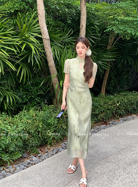 DPLAY2025夏新新中式立领绿色水滴镂空改良国风印花旗袍连衣裙女
