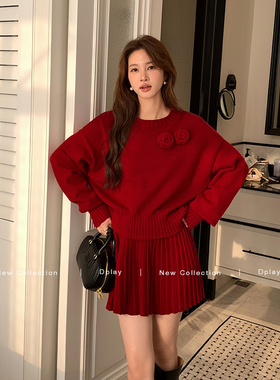 DPLAY红色毛衣短裙女装2025秋冬新款针织衫半身裙高级感新年套装