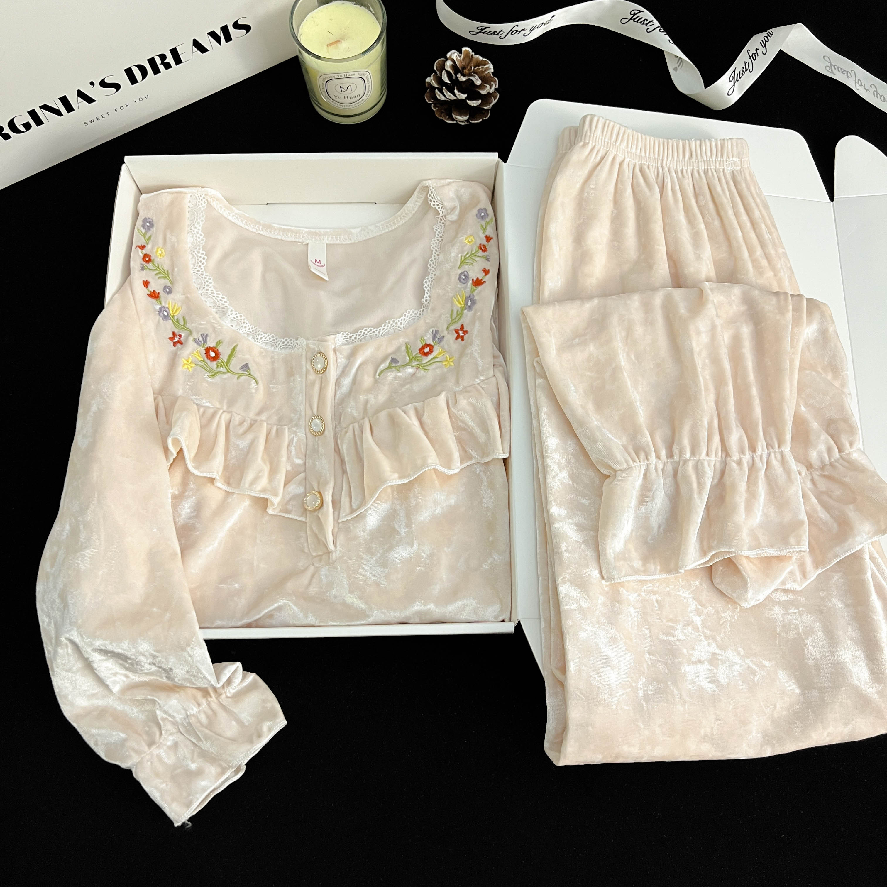 金丝绒秋季睡衣女套头长袖刺绣蕾丝边宫廷风高级感薄绒家居服套装