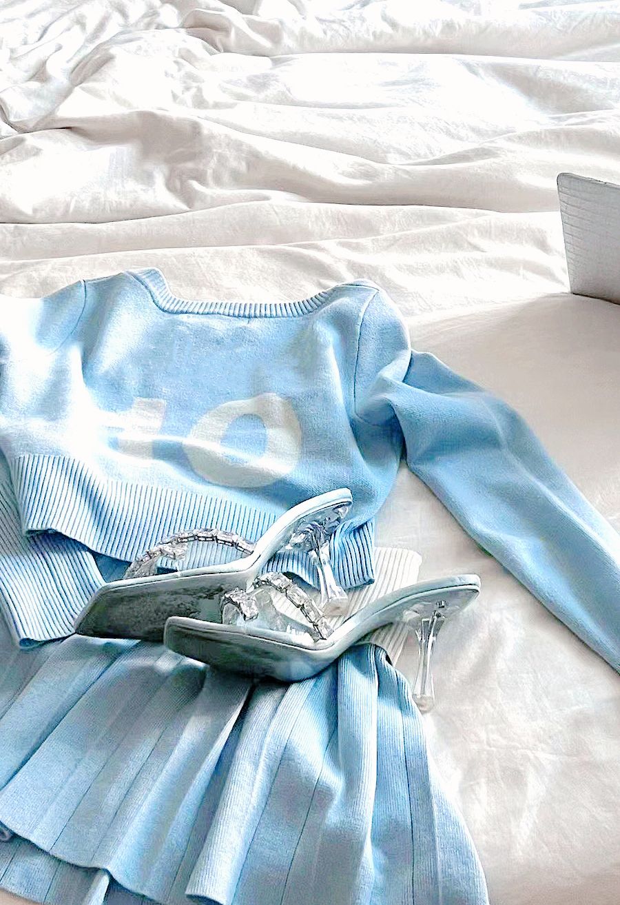 美式运动风蓝色针织衫百褶裙套装