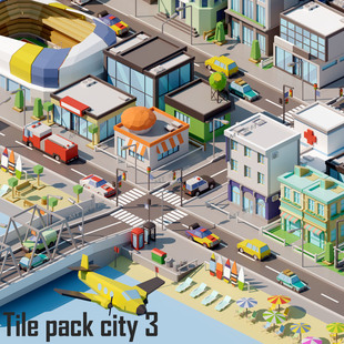 Unity优三缔卡通低多边形瓦片城市包Tile pack city 3d low poly