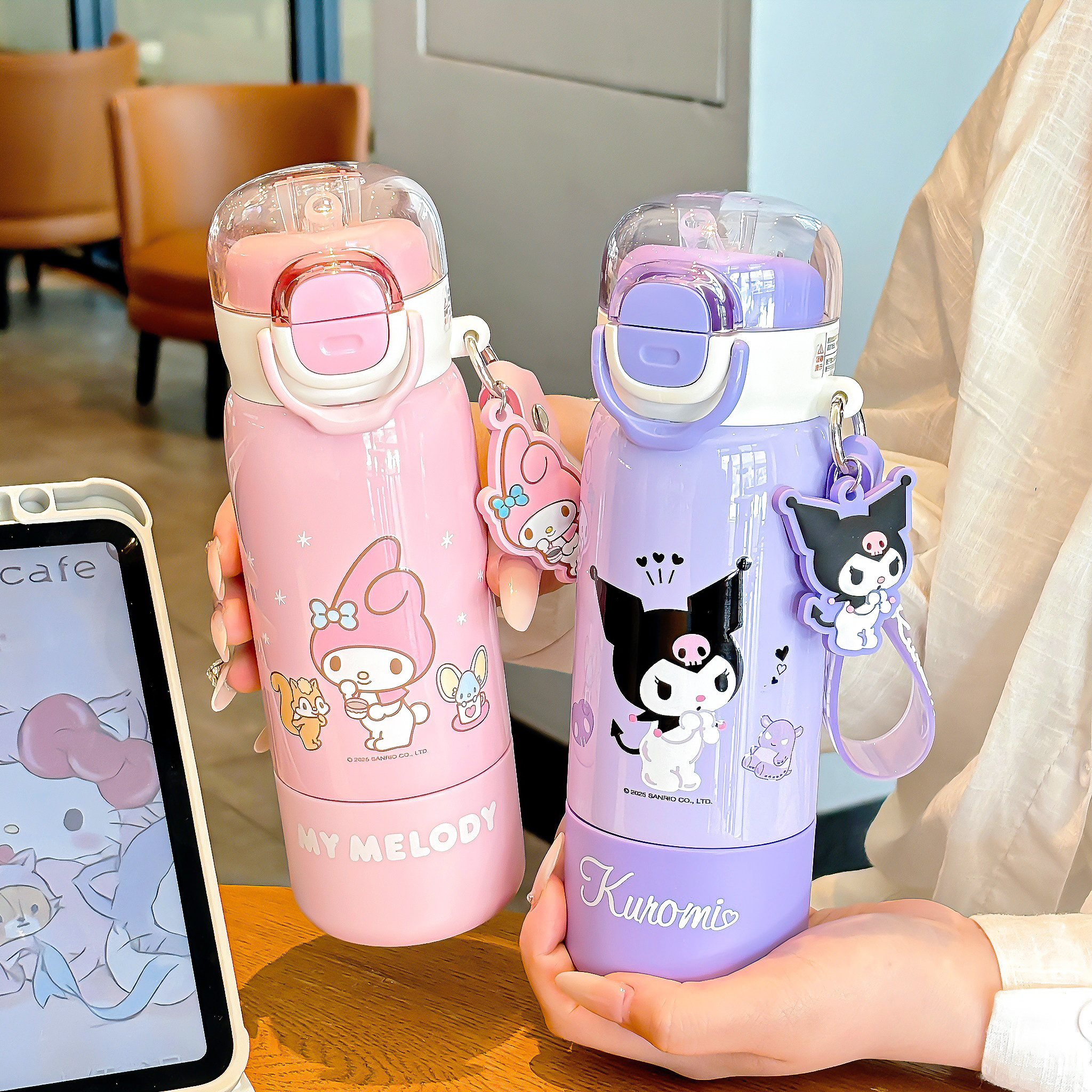 库洛米保温杯女生高颜值上学专用双饮吸管杯食品级316小学生水壶