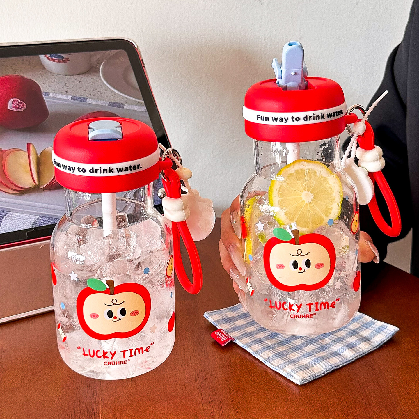 红苹果系列玻璃杯夏季高颜值吸管杯高硼硅防爆便携随行杯女生水杯,餐饮具,玻璃杯,淘宝优惠券,粉丝福利购,淘宝优惠卷