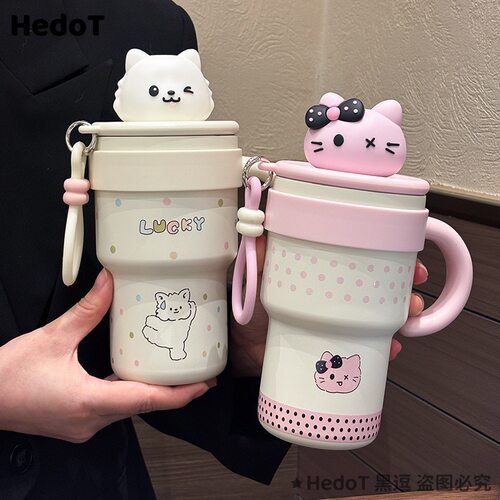 可爱kitty保温杯办公室专用带手柄咖啡杯高颜值女生桌面吸管杯子