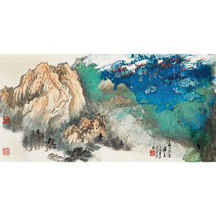 张大千春山暮雪图 泼墨写意山水国画高清中式装饰古画画芯