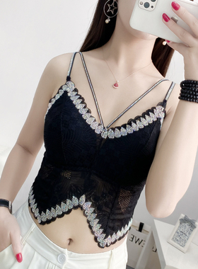 2025夏季吊带背心女亮钻内搭性感蕾丝打底闪钻可外穿纯欲美背上衣