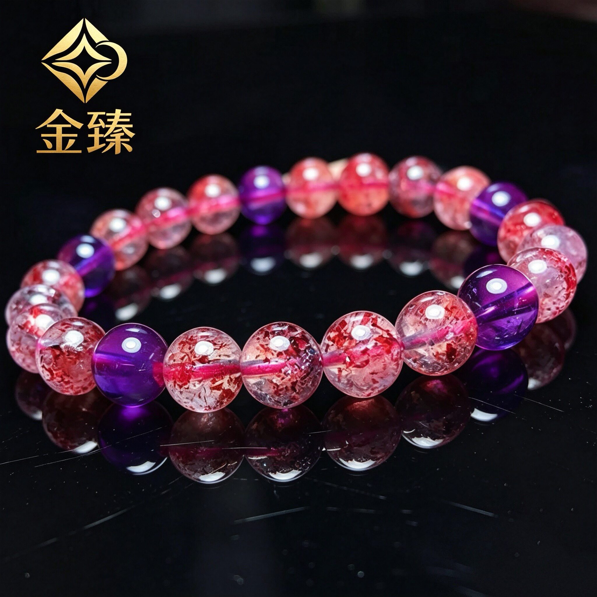 极光樱花超七碧玺彩幽灵晶蓝月光海蓝宝钛晶金运石金草莓紫钛手链