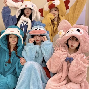 珊瑚绒睡衣女冬季可爱卡通新娘晨袍加厚伴娘服搞怪睡袍连帽秋冬天