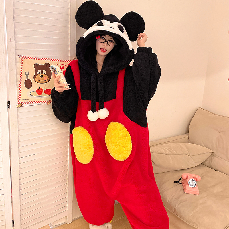 米老鼠珊瑚绒连体睡衣女秋冬季保暖闺蜜睡袍冬天卡通连帽家居服厚