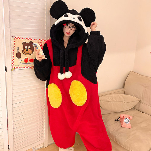米老鼠珊瑚绒连体睡衣女秋冬季保暖闺蜜睡袍冬天卡通连帽家居服厚