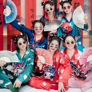 晨袍女新娘伴娘团国潮睡衣长袖冰丝套装结婚闺蜜聚会可外穿家居服